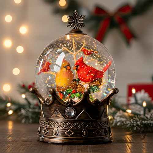 Christmas Snow Globe Lantern Water Glittering Cardinal Crown with Music