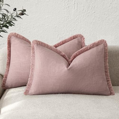 Boho Linen Fringe Lumbar Throw Pillow Covers 12×20 Rose Pink (2 Count)