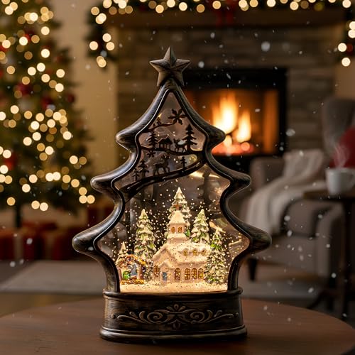 Christmas Snow Globe Lantern Water Glittering Church & Manger Scene with Music & Timer
