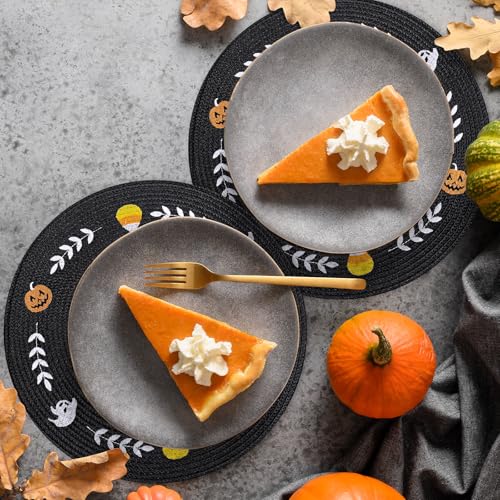 4 Pcs Round Halloween Placemats Embroidered Ghost Pumpkin Candy Corn Place Mats Black Spooky Dinner Table Mats for Halloween Holiday Trick or Treat Party Table Decor (4 Count)