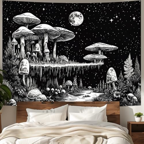 Black and White Mushroom Tapestry Fantasy Plant Floral Tapestries Moon Star Tapestries Starry Sky Tapestry Wall Hanging for Bedroom Decor