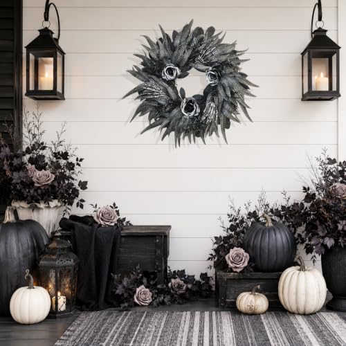 24 Inch Black and Silver Rose Halloween Wreath with 3 Skeleton Hands