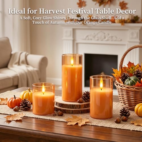 Orange Halloween Glass Flameless LED Pillar Candle with Remote Timer (3 Count)