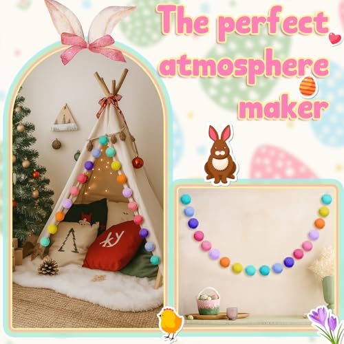 2 Pcs 2 Inch Large Pastel Pom Pom Garland Colorful Pastel Garlands Decor 13 ft Spring Felt Ball Banner for Home Classroom Mantle Decor Baby Shower Party Hanging Wall Decoration (2 Count)