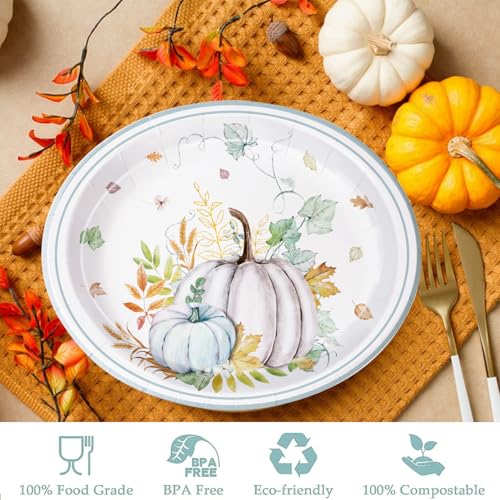 Fall Paper Plates Large 9" X 11" Thanksgiving Pumpkins Maple Leaf Disposable Autumn Dinnerware for Harvest Thanksgiving Party Decorations (25 Count)