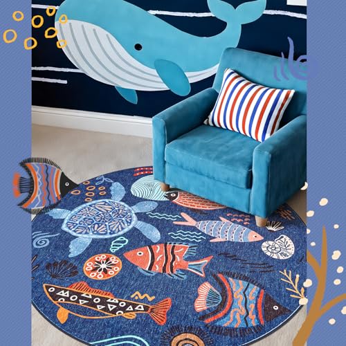 5ft Coastal Round Rug Washable Kids Rug Colorful Fish Mat Blue (19.63 Sq Ft)