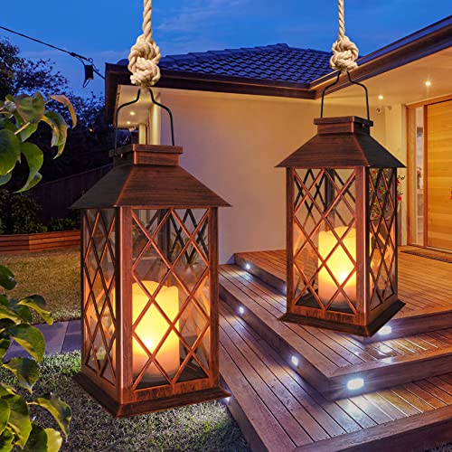 14" Solar Lanterns Outdoor Garden Lantern Waterproof LED Flickering Flameless Candle Mission Lights for Table