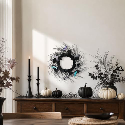 20 Inch Black Twig Halloween Wreath with 30 Orange LEDs and 6 Bats