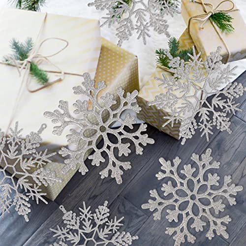 6pcs Large Silver Snowflakes Ornaments 12” Big Plastic Glitter Snowflake for Winter Indoor Outdoor Christmas Tree Window Room Decorations Giant Craft Snowflakes (6 Count)