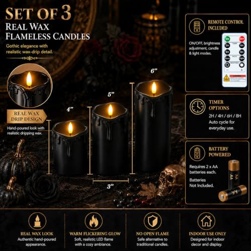 Black Drip Real Wax Flameless Candles with Remote Timer