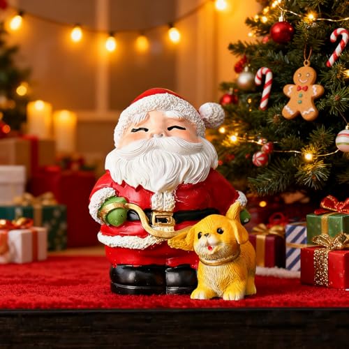 Christmas Santa Claus Figurine Xmas Table Ornaments Funny Statue Artificial Stone Material Sculpture Claus Walking a Dog Statue Christmas Decor for Birthday Party Gift Winter Home Holiday Decor