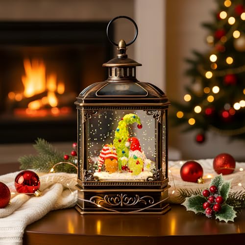 Christmas Snow Globe Lantern Water Glittering Gnomes Scandinavian Santa Elf with Whimsical Christmas Tree