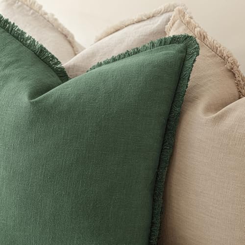 Decorative Linen Fringe Throw Pillow Covers 18×18 Pine Green (2 Count)