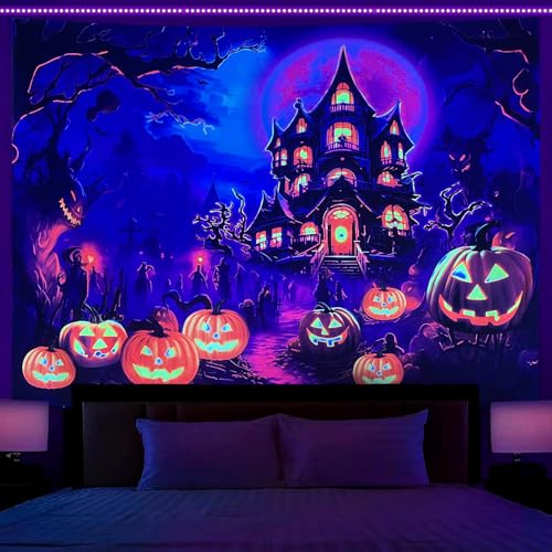 Blacklight Halloween Castle Tapestry 90"x70" Pumpkins Ghosts Background Bedroom Aesthetic Hippie Room Decor Glow in The Dark Wall Poster for Halloween Easter