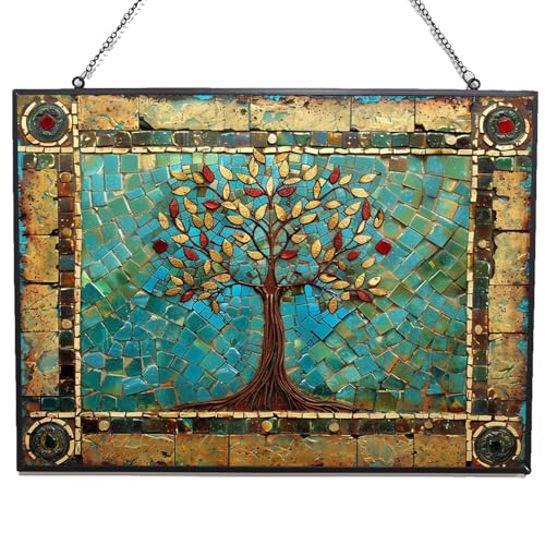 Customized Rectangle Tree of Life Stained Glass Window Hanging Sun Catcher Halloween Haning Ornament Decoration Christmas Birthday Gifts for Lover Friends Mother