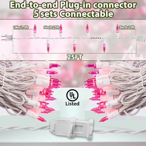 Pink Christmas Lights 25FT 100 Incandescent Bulbs