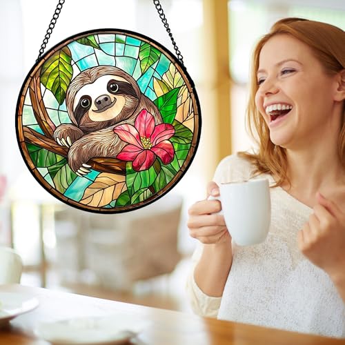 Stained Glass Window Hanging Sloth Flower Suncatcher Gifts for Women 6.3"