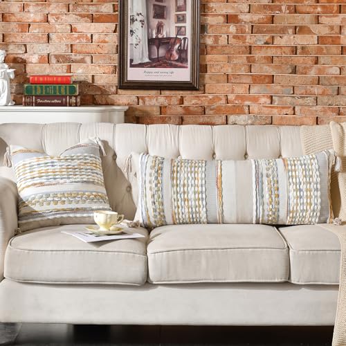 Chenille Striped Textured Boho Throw Pillow Covers Aesthetic with Tassels Woven Decorative Pillow Case for Couch Bed Sofa Bedroom Modern Funky 18 x 18