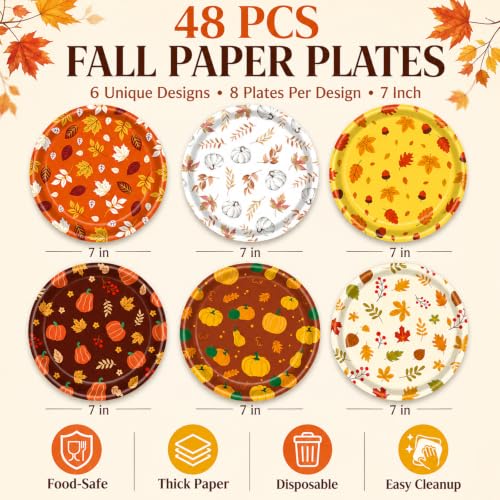 48 PCS Fall Paper Plates 7 inch Autumn Leaves Pumpkin Party Plates (50 Count)