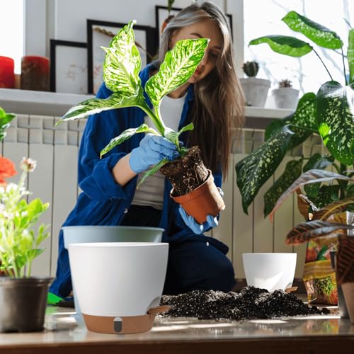12/10/8 Inch Self Watering Pots for Indoor Plants Plastic Large Pot for Outdoor Plants, Water Level Window & Spacious Reservoir Flower Pots Decorative Planter with Drainage and Tray (White) (3 Count)