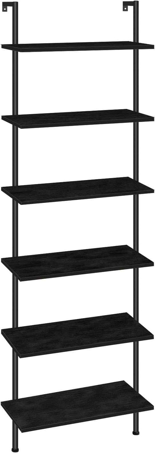 HOOBRO DIY Ladder Shelf, 6-Tier Wall Mounted Bookshelf, Office Vertical Bookcase, Wooden Storage Shelves for Home Office, Bedroom, Black BB65CJ01