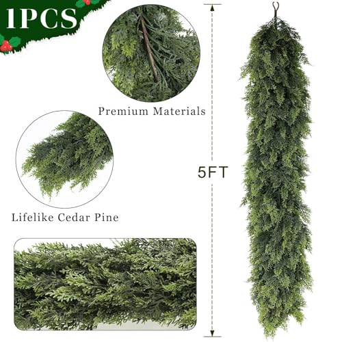 5FT 1Pcs Lifelike Touch Artificial Christmas Cedar Garland for Mantle Decor