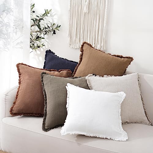 Decorative Linen Fringe Throw Pillow Covers 18×18 Khaki Brown (2 Count)