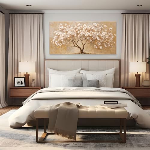Canvas Wall Art Decor Beige Magnolia Tree of Life Canvas Art Wall Decor For Living Room Modern Tree Nature Botanical Canvas Prints White Flower Wall Art Decor For Bedroom Home Office Decor 20"×40"
