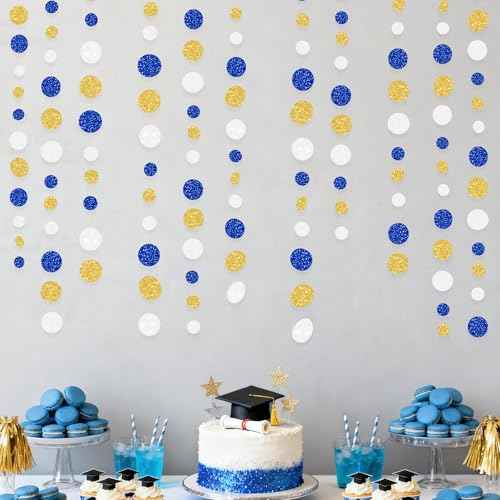 Royal Blue Gold White Party Polka Dot Garland Dark Blue Glitter Gold White Hanging Paper Circle Dots Streamer for Birthday Graduation Wedding Shower Retirement Nautical Party Decorations Supplies