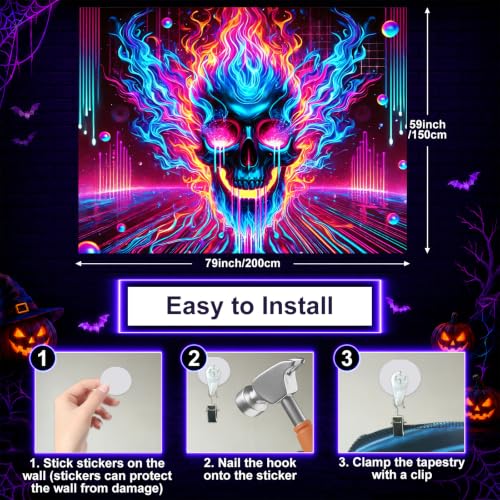 Blacklight Tapestry Flaming Skull UV Wall Art 78 x 59 Inch