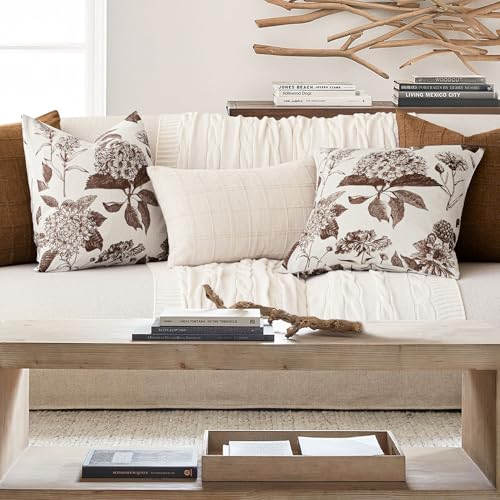 Set of 2 Linen Floral Throw Pillow Covers Neutral Vintage Print Decorative Cushion Covers Farmhouse Boho Home Decor for Sofa Chair Couch Bedroom Living Room (2 Count)