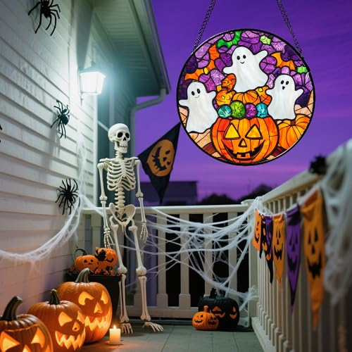 Stained Glass Window Hanging Halloween Horror Pumpkin White Ghost 6.3"