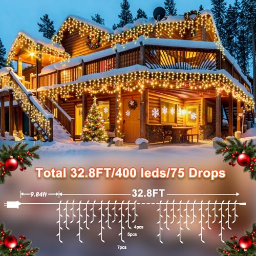 Christmas Lights Outdoor Decorations 400 LED 33ft 8 Modes Curtain Fairy String Light with 75 Drops (41.8 Foot)
