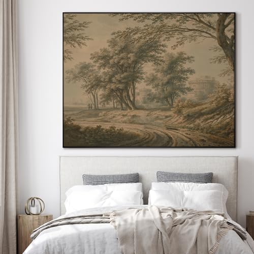 36"x46" Extra Large Framed Wall Art Antique Sepia Landscape with Trees and Historic Architecture for Home Living Room Bedroom Decor