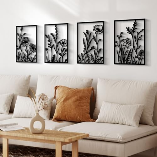 4 Pcs Black Abstract Flowers Metal Wall Art (4 Count)