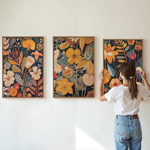 Orange Floral Framed Canvas Wall Art Set of 3 (3 Count)