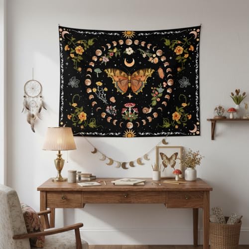 Orange Butterfly Moon Flower Tapestry Botanical Floral Plant Boho Tapestry for Bedroom Aesthetic Vintage Tapestries Wall Hanging for Living Room Dorm