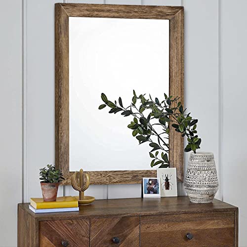 Rustic Wood Mirror Rectangle Decorative Wall Mirrors with Frame Large 26"x18"for Bedroom Living Room Bathroom Entryway Hanging Brown
