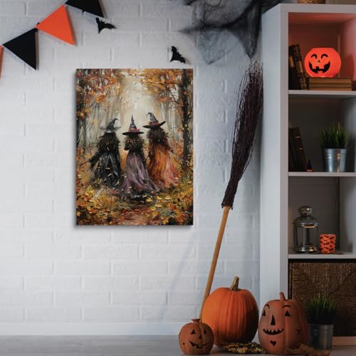 Vintage Three Witches In The Forest Painting Witch Print Witchy Canvas Print Halloween Wall Art Halloween Decor Witch Poster Dark Academia Gothic Room Decor for Dorm Bedroom 12x16in Unframed