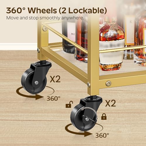 Bar Cart, 3-Tier Home Bar Serving Cart with Wheels, Drink Cart with Glass Holder, Beverage Cart, Rolling Kitchen Cart, for Home, Living Room, Transparent and Gold BC03GD