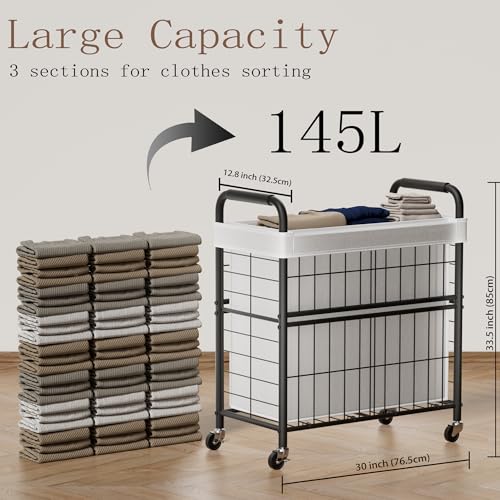 145L Rolling laundry Sorter Hamper Basket 3 Section with Wheels
