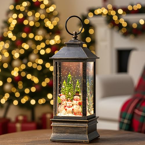 Christmas Snow Globe Water Lantern with Snowman Family Sledding Scene Battery Operated or USB Powered Musical Lighted Holiday Decoration for Tabletop Display for Family and Friends
