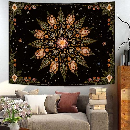 Boho Floral Mandala Tapestry for Bedroom Aesthetic Vintage Bohemian Flower Wall Tapestry Black Green Hippie Indian Large Tapestries Wall Hanging for Living Room Dorm Decor 80 x 60 Inch
