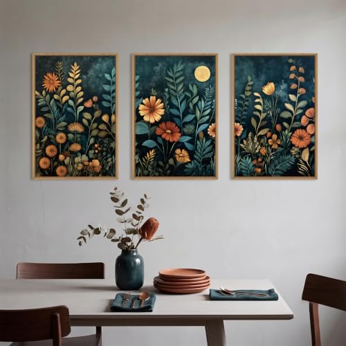 Moody Blue Floral Botanical Framed Canvas Wall Art Set