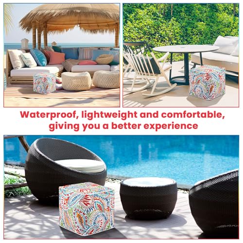 2 Pack Inflatable Outdoor Ottoman Pouf Waterproof Cube 16" Square Blow up Ottoman Footrest with Handle Outdoor Portable Footstool for Patio Garden Camping or Home Pool