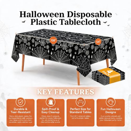 Halloween Tablecloth Plastic Black Spider Web Disposable Table Cover (12 Count)