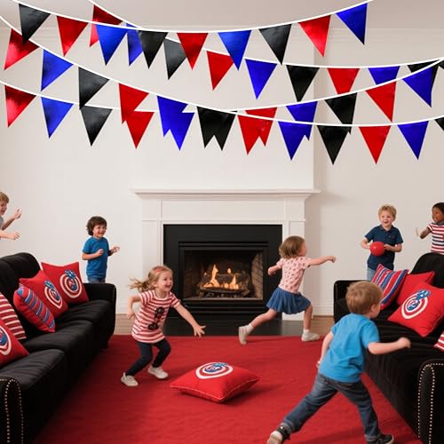 Navy Blue Red Black Party Decorations Metallic Fabric Triangle Pennant Banner Flag Bunting Garland for Graduations Birthday Retirement 4th of July USA Patriotic Veterans Party Decorations Supplies (32 Foot)