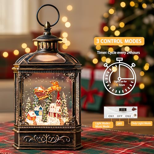 Christmas Snow Globe Swirling Glittering Lantern Santa Flying with Reindeer