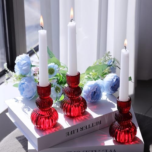 3pcs Red Taper Candle Holders Glass (3 Count)