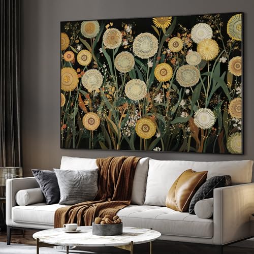 60"x72" Extra Large Framed Wall Art Whimsical Dandelion Field in Yellow and Green